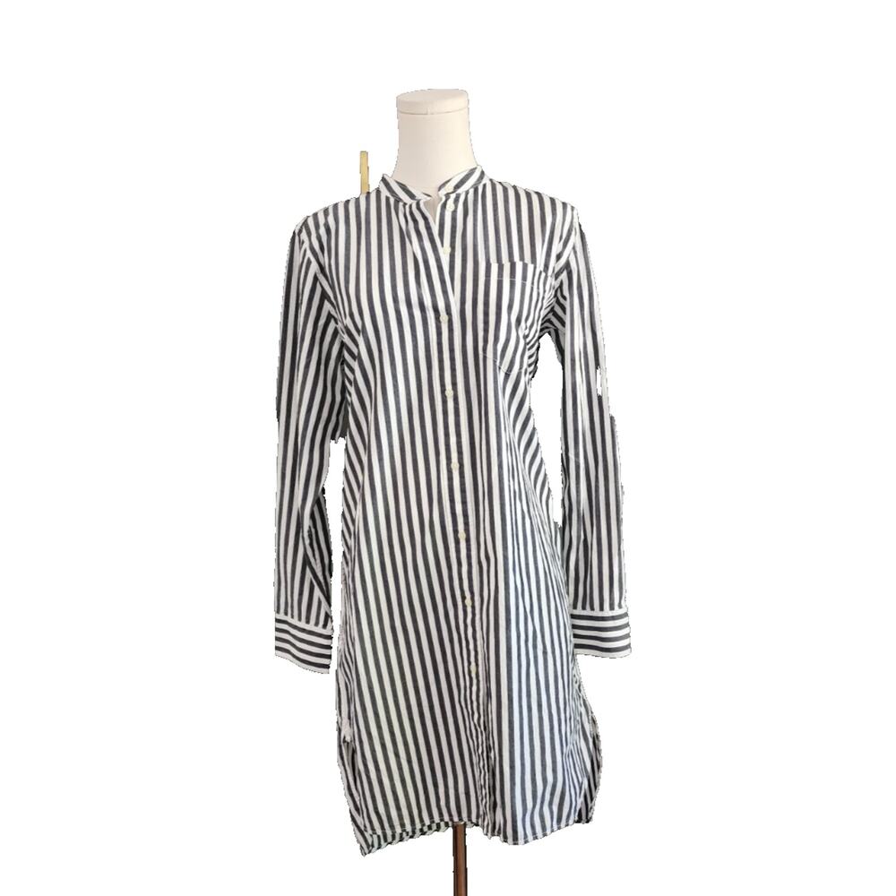 Everlane Black White The Cotton Weave Collarless Shirtdress Striped Pockets Sz 8